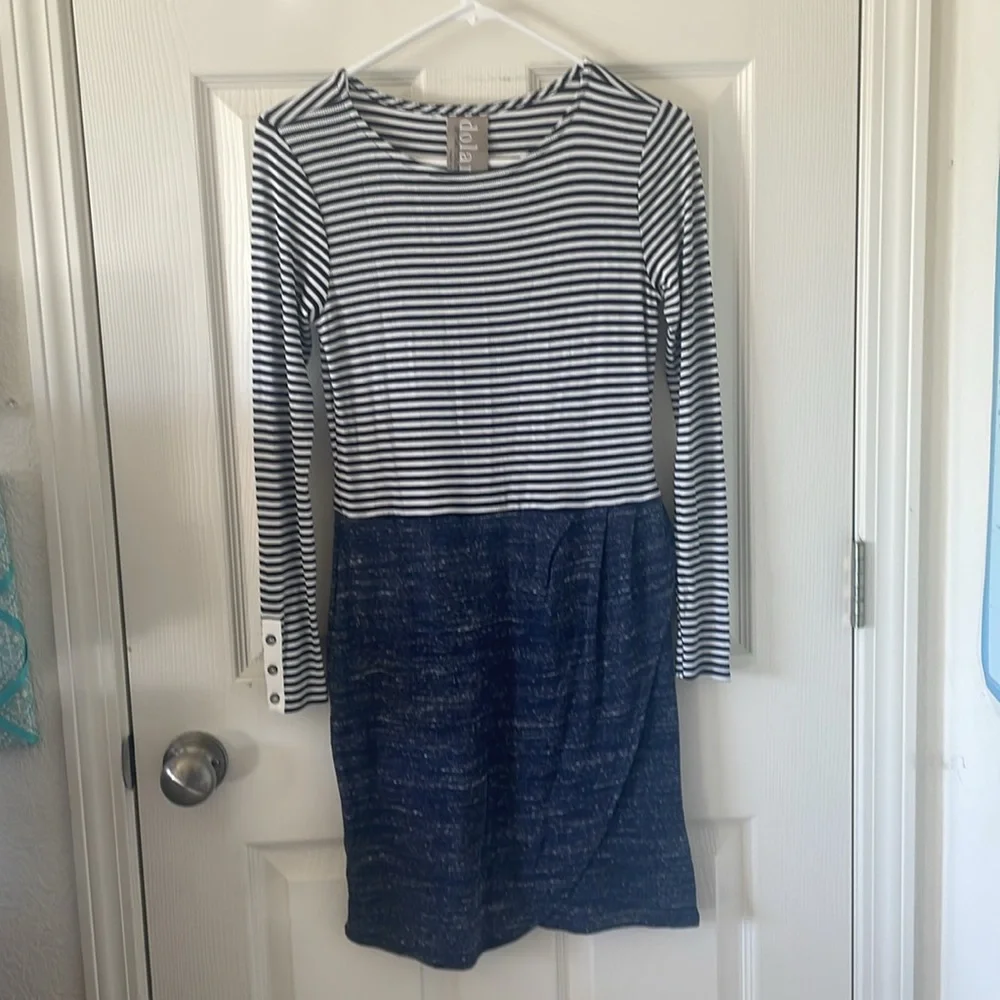 Dolan Mixed Stripe Long Sleeve Dress Size XS New With Tags Navy white Nautical